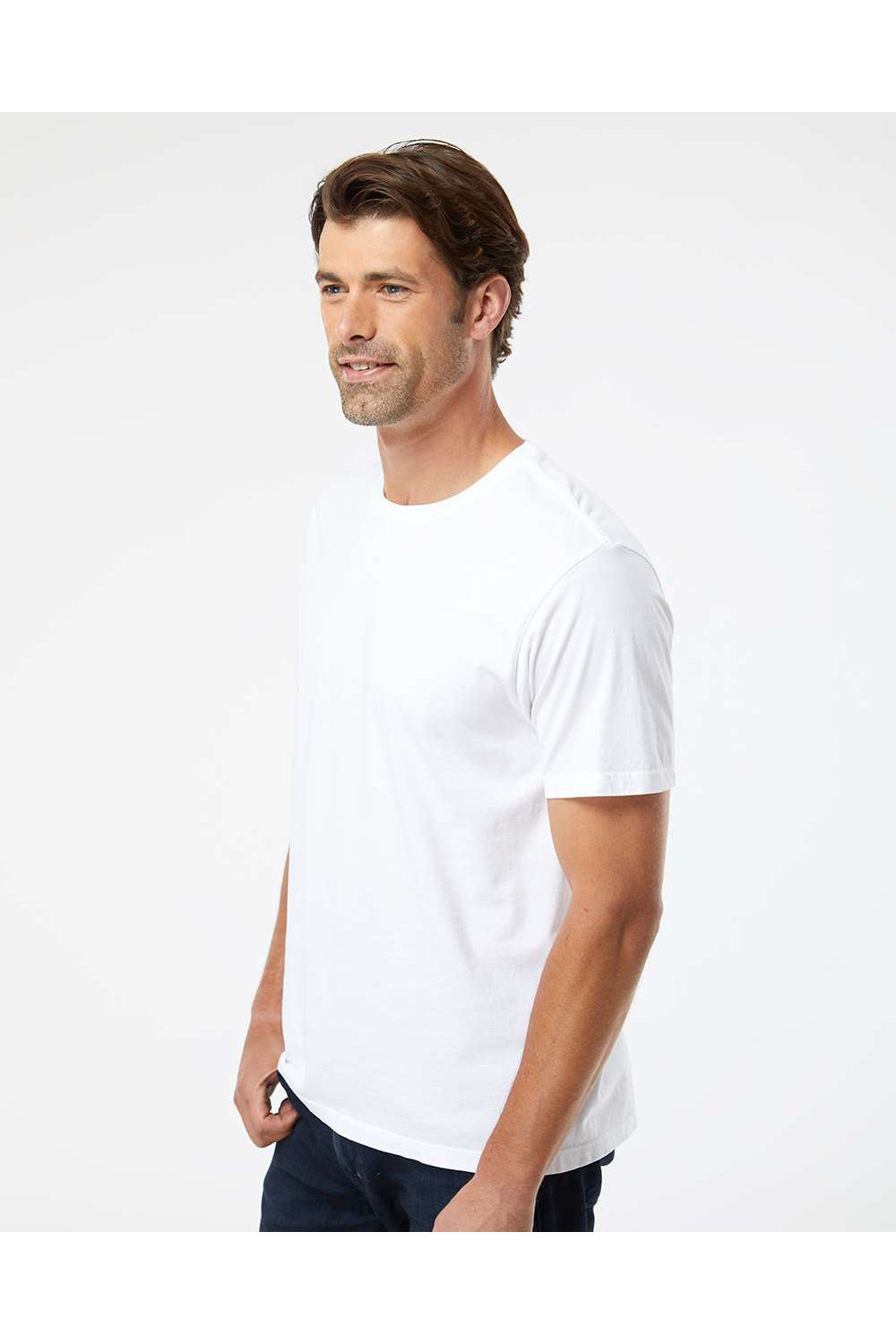 SoftShirts 400 Mens Organic Short Sleeve Crewneck T-Shirt White Model Side