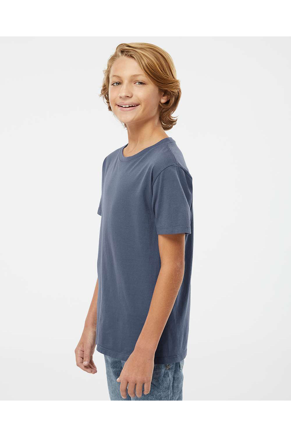 SoftShirts 402 Youth Organic Short Sleeve Crewneck T-Shirt Navy Blue Model Side