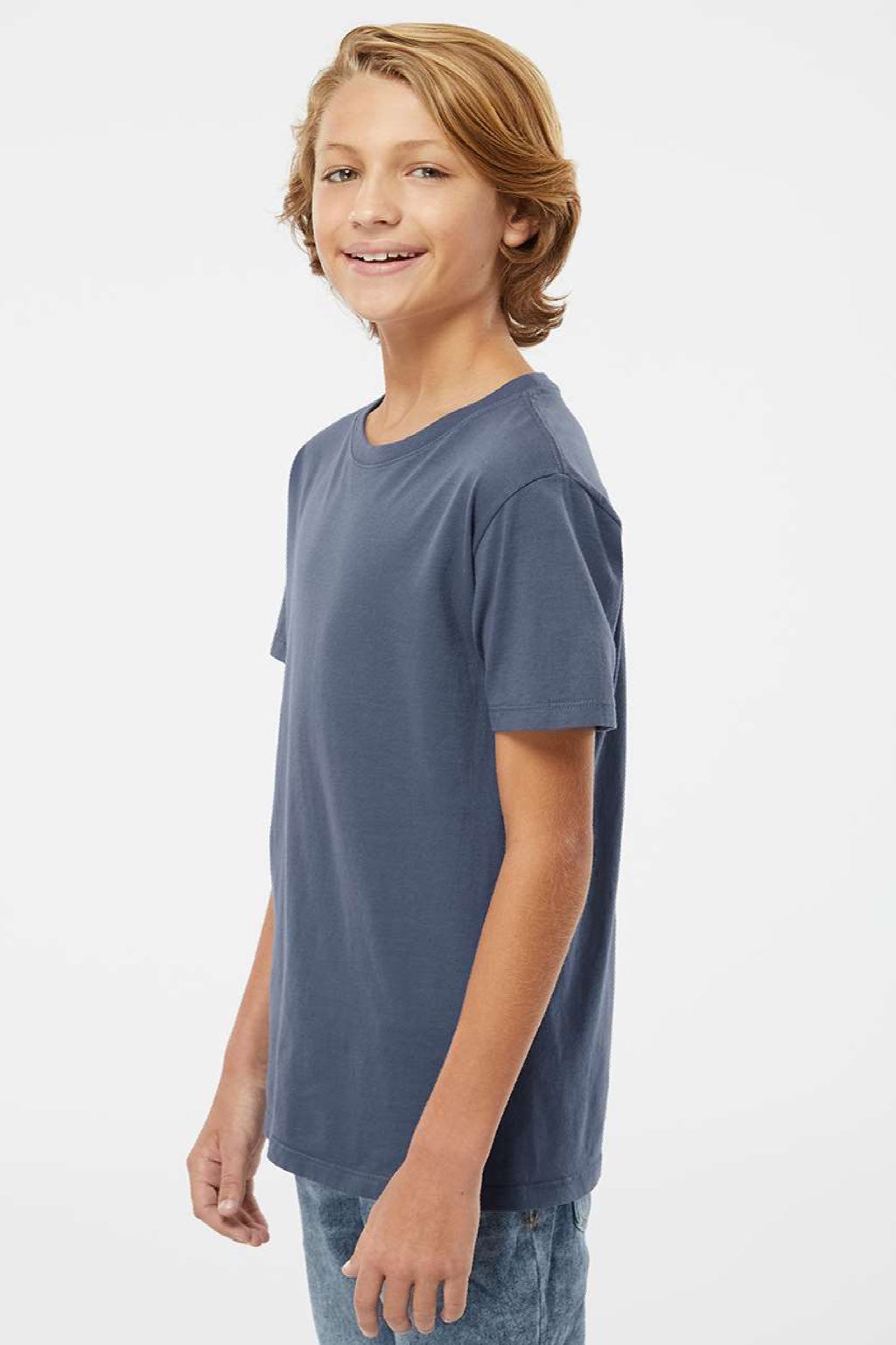 SoftShirts 402 Youth Organic Short Sleeve Crewneck T-Shirt Navy Blue Model Side