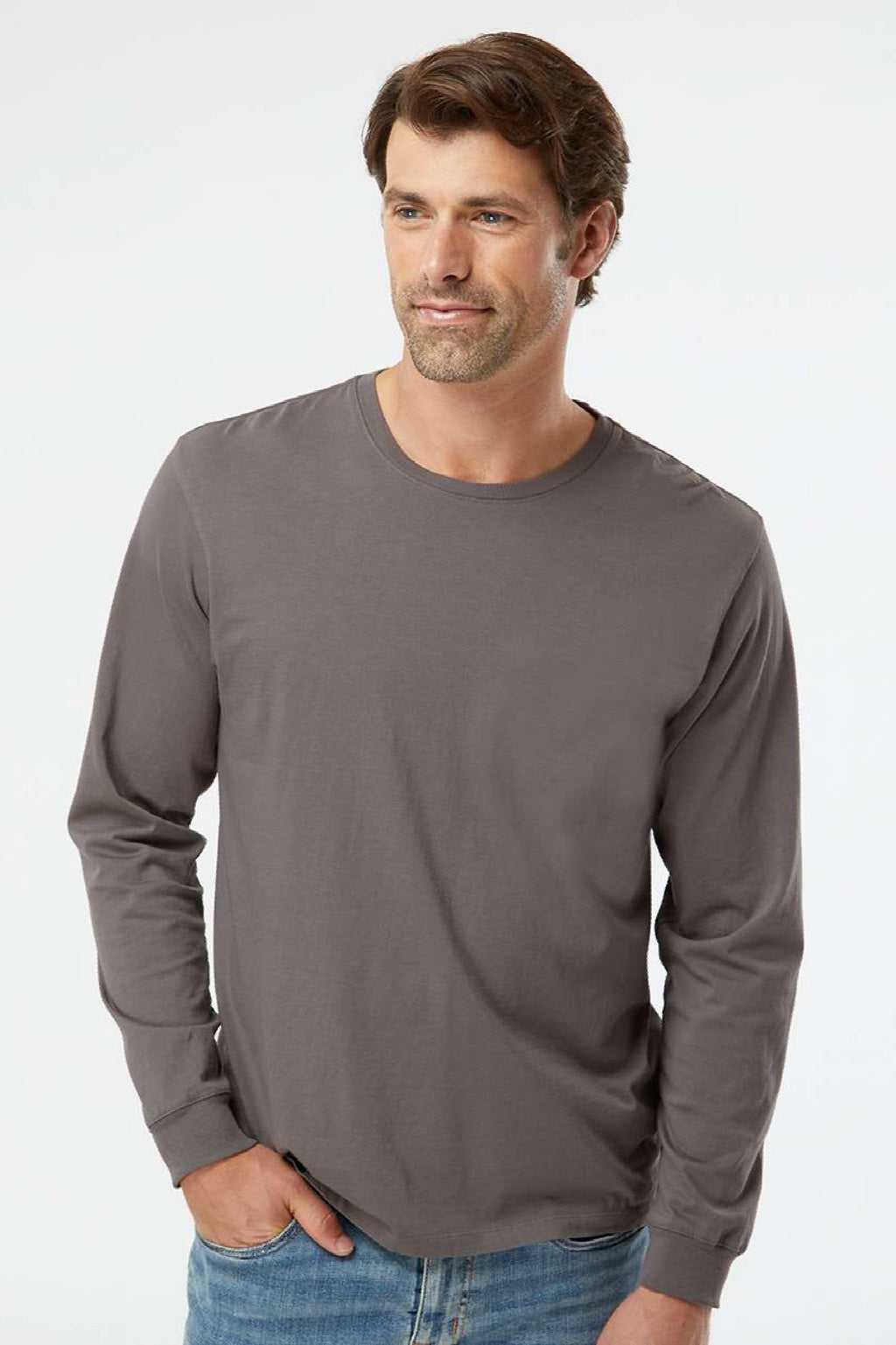 SoftShirts 420 Mens Organic Long Sleeve Crewneck T-Shirt Graphite Grey Model Front