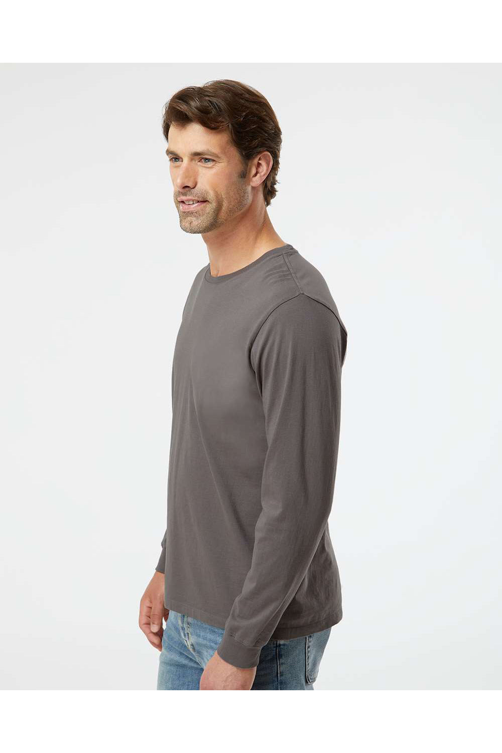 SoftShirts 420 Mens Organic Long Sleeve Crewneck T-Shirt Graphite Grey Model Side