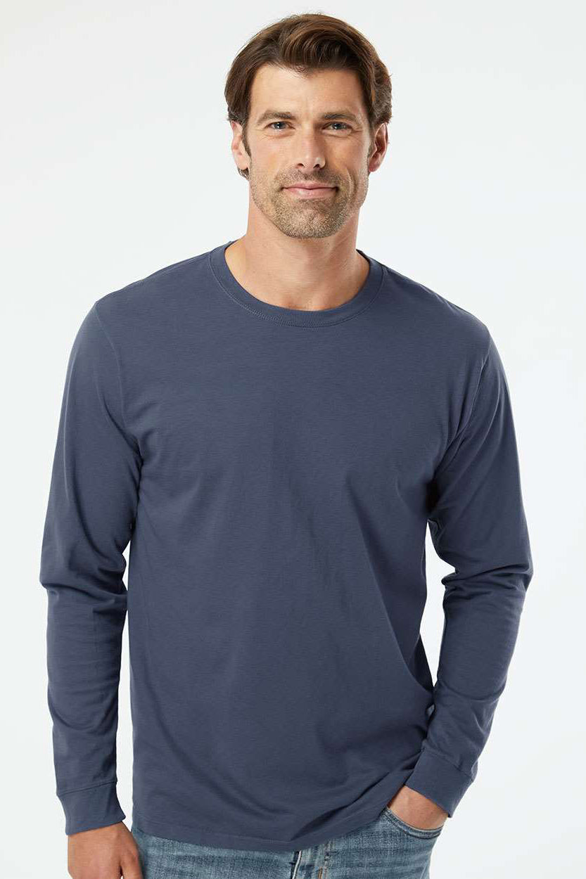 SoftShirts 420 Mens Organic Long Sleeve Crewneck T-Shirt Navy Blue Model Front