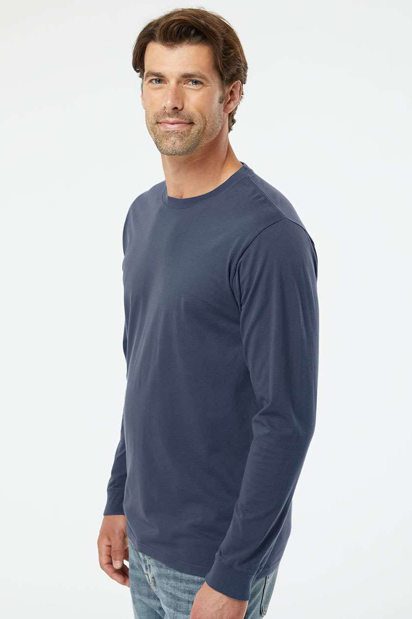 SoftShirts 420 Mens Organic Long Sleeve Crewneck T-Shirt Navy Blue Model Side