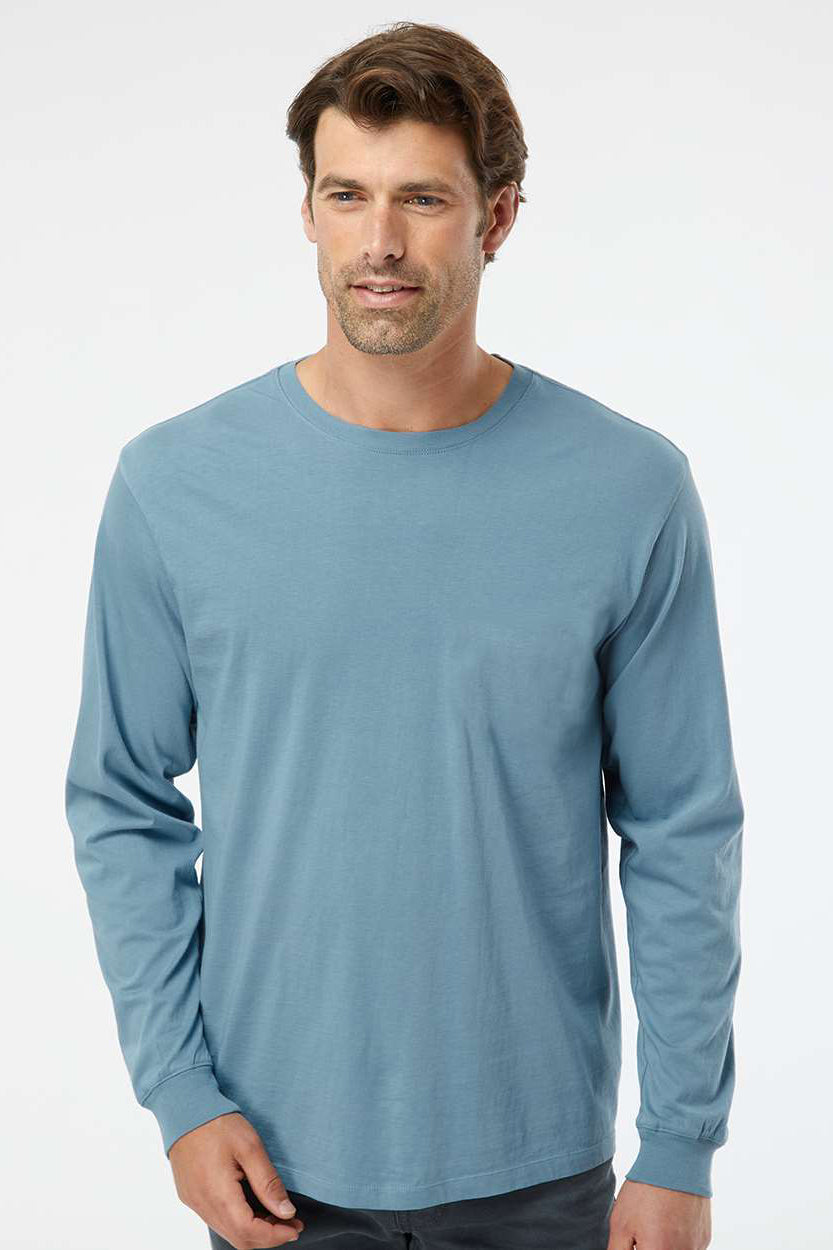 SoftShirts 420 Mens Organic Long Sleeve Crewneck T-Shirt Slate Blue Model Front
