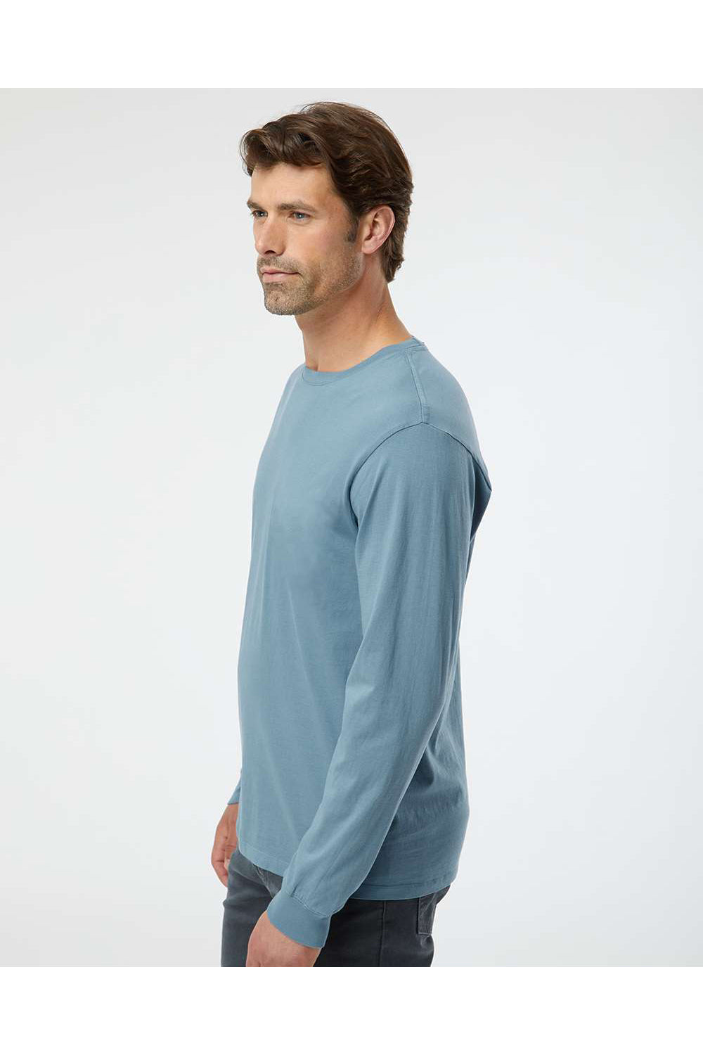 SoftShirts 420 Mens Organic Long Sleeve Crewneck T-Shirt Slate Blue Model Side