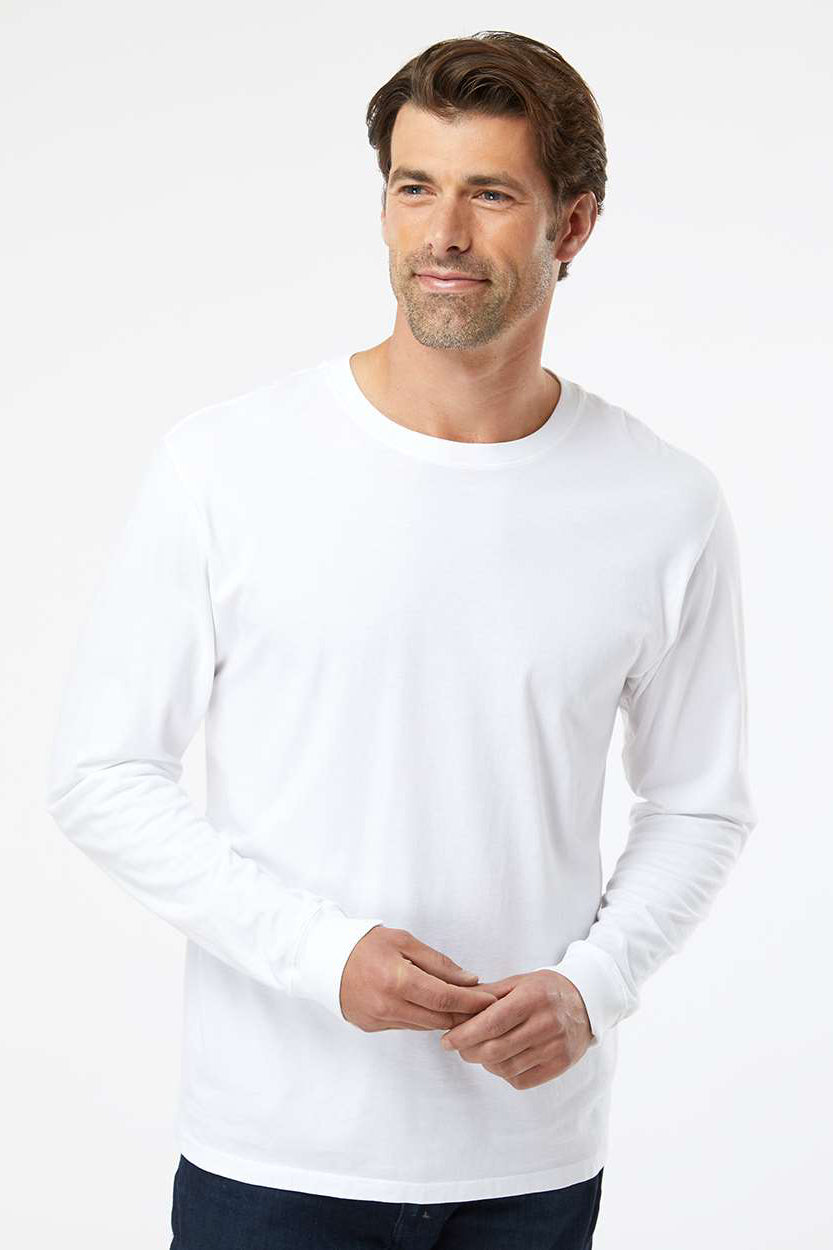 SoftShirts 420 Mens Organic Long Sleeve Crewneck T-Shirt White Model Front