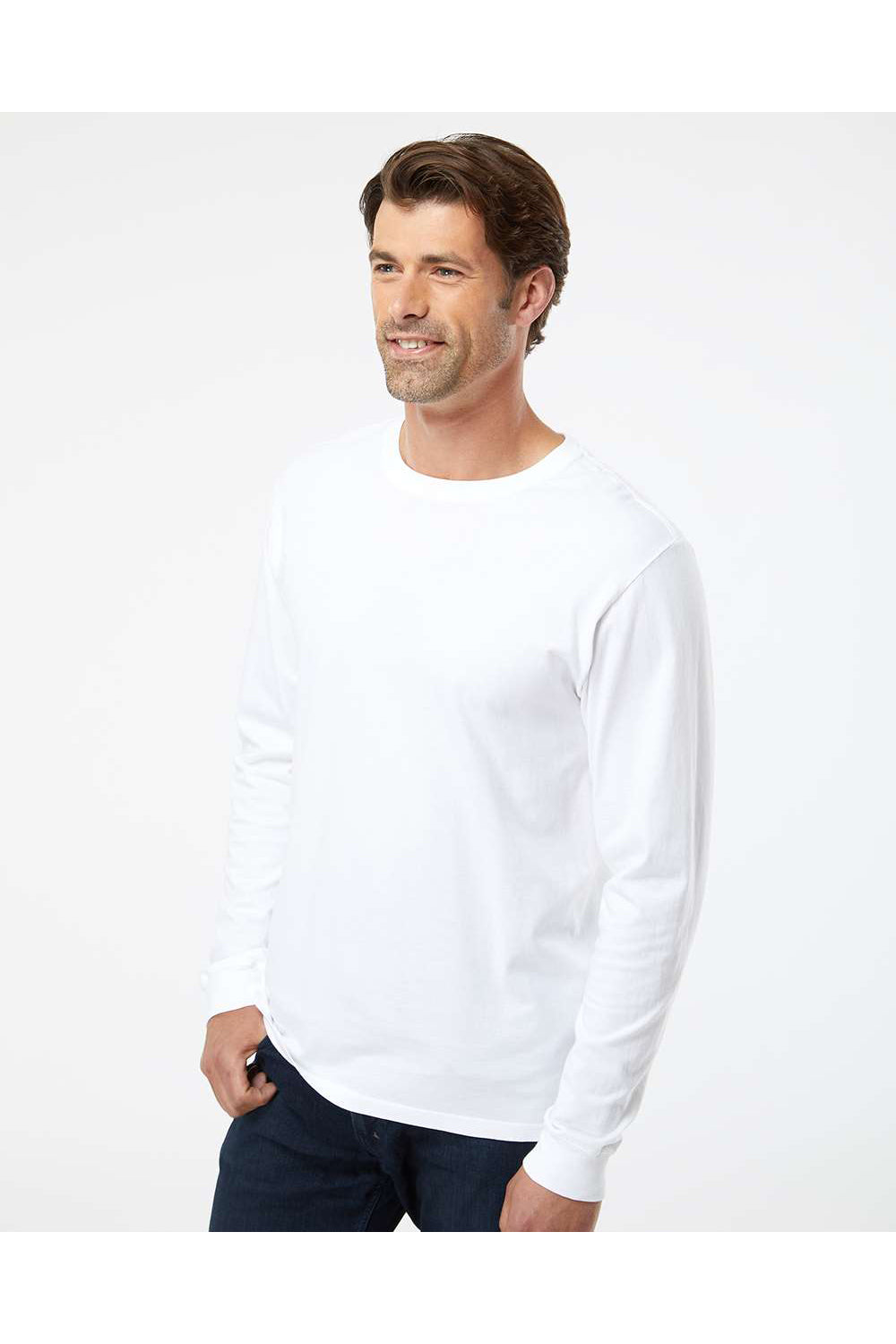 SoftShirts 420 Mens Organic Long Sleeve Crewneck T-Shirt White Model Side