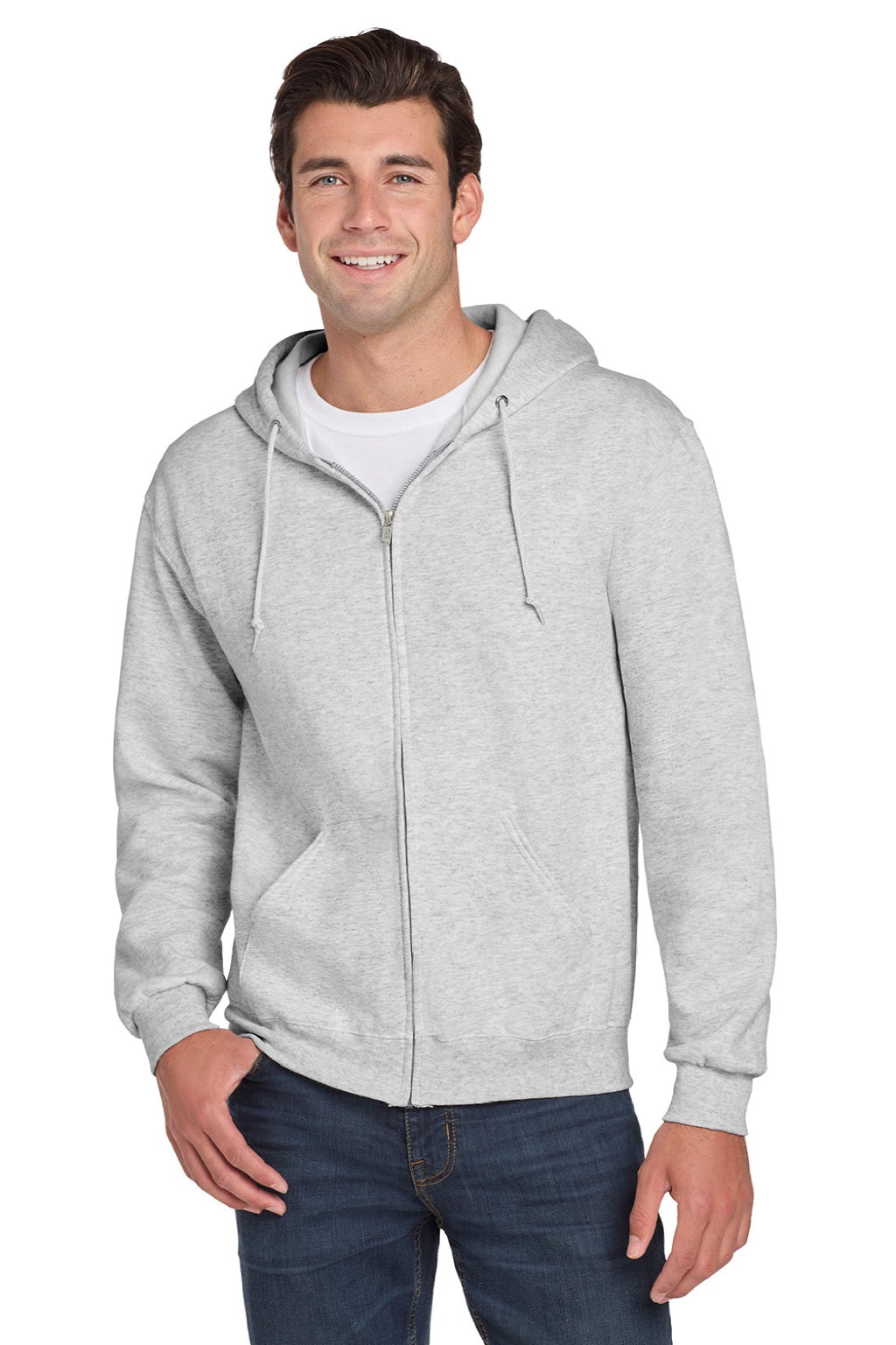Jerzees 993M/993MR Mens NuBlend Pill Resistant Fleece Full Zip Hooded Sweatshirt Hoodie w/ Pockets Ash Grey Model Front