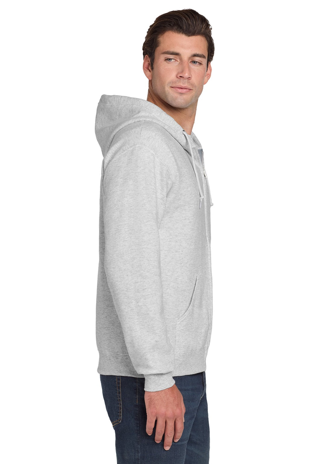 Jerzees 993M/993MR Mens NuBlend Pill Resistant Fleece Full Zip Hooded Sweatshirt Hoodie w/ Pockets Ash Grey Model Side