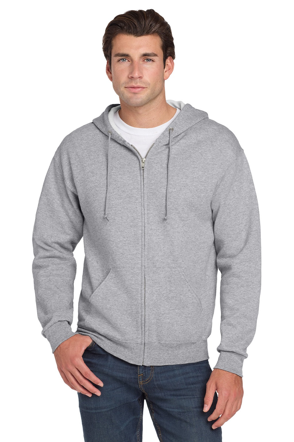 Jerzees 993M/993MR Mens NuBlend Pill Resistant Fleece Full Zip Hooded Sweatshirt Hoodie w/ Pockets Heather Grey Model Front