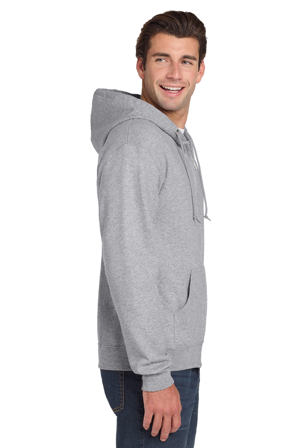 Jerzees 993M/993MR Mens NuBlend Pill Resistant Fleece Full Zip Hooded Sweatshirt Hoodie w/ Pockets Heather Grey Model Side