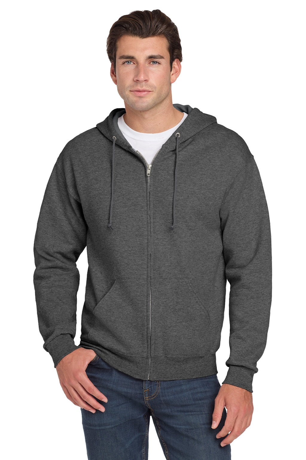 Jerzees 993M/993MR Mens NuBlend Pill Resistant Fleece Full Zip Hooded Sweatshirt Hoodie w/ Pockets Heather Black Model Front