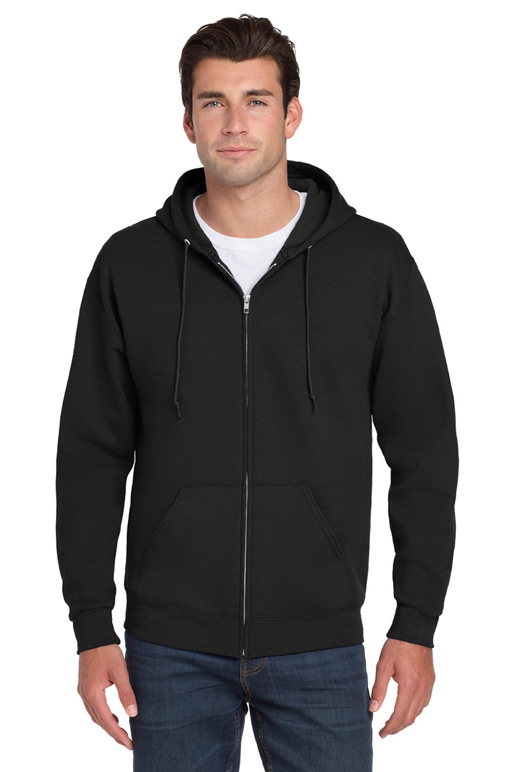Jerzees 993M/993MR Mens NuBlend Pill Resistant Fleece Full Zip Hooded Sweatshirt Hoodie w/ Pockets Black Model Front