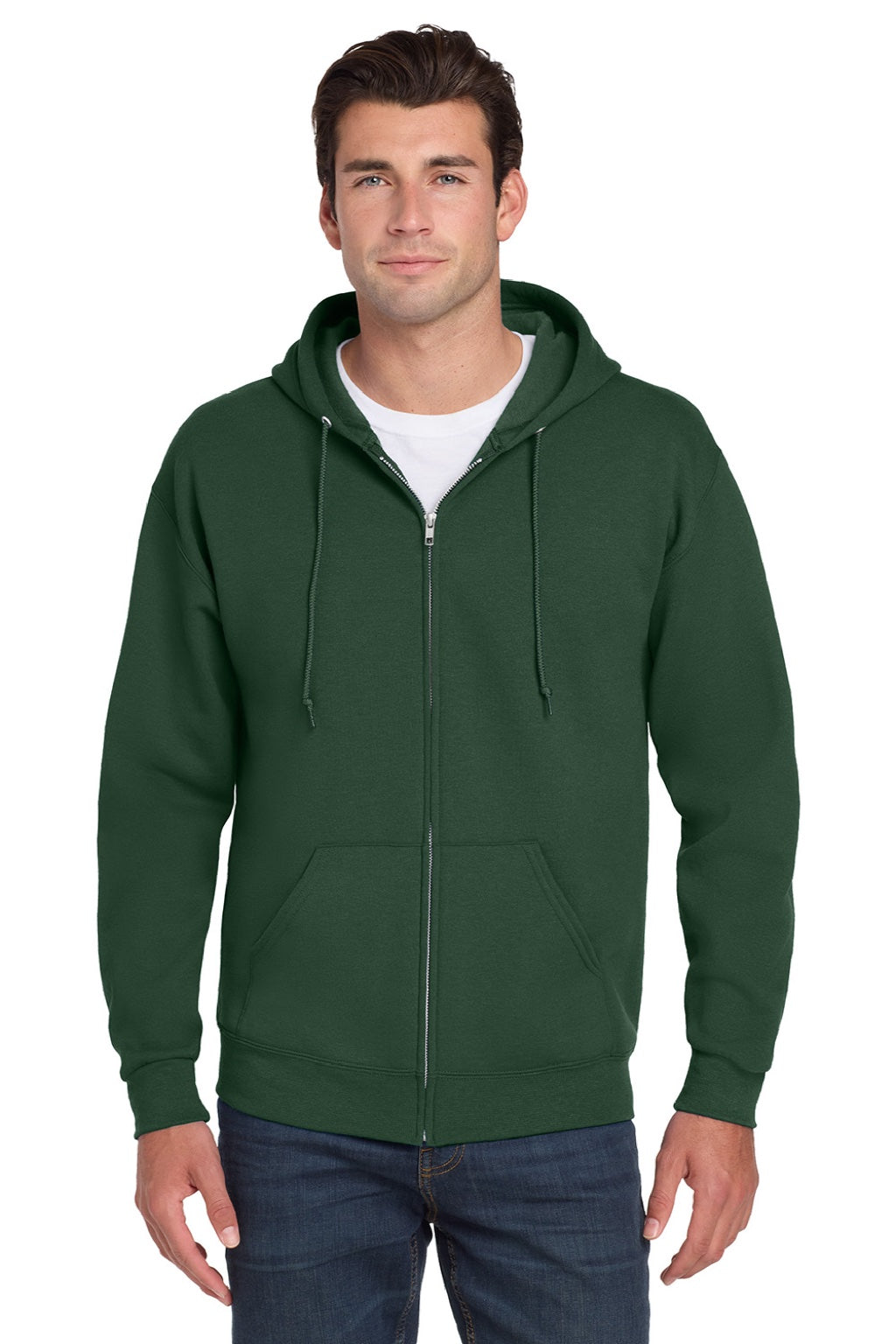 Jerzees 993M/993MR Mens NuBlend Pill Resistant Fleece Full Zip Hooded Sweatshirt Hoodie w/ Pockets Forest Green Model Front