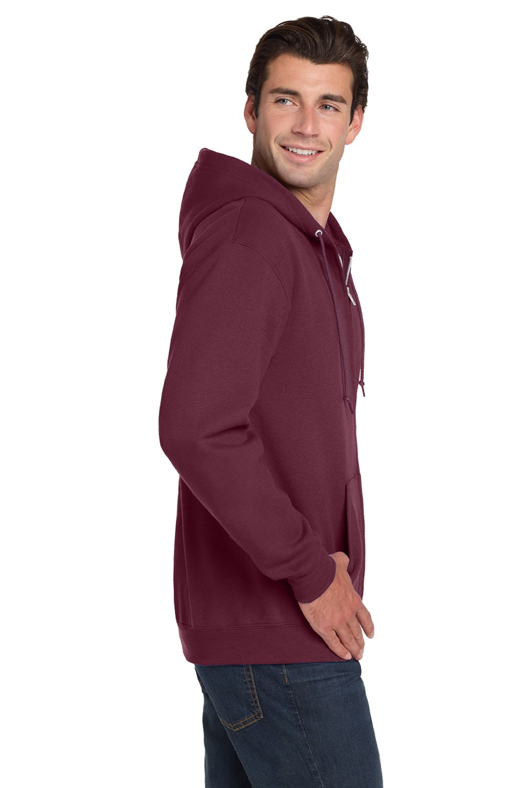 Jerzees 993M/993MR Mens NuBlend Pill Resistant Fleece Full Zip Hooded Sweatshirt Hoodie w/ Pockets Maroon Model Side