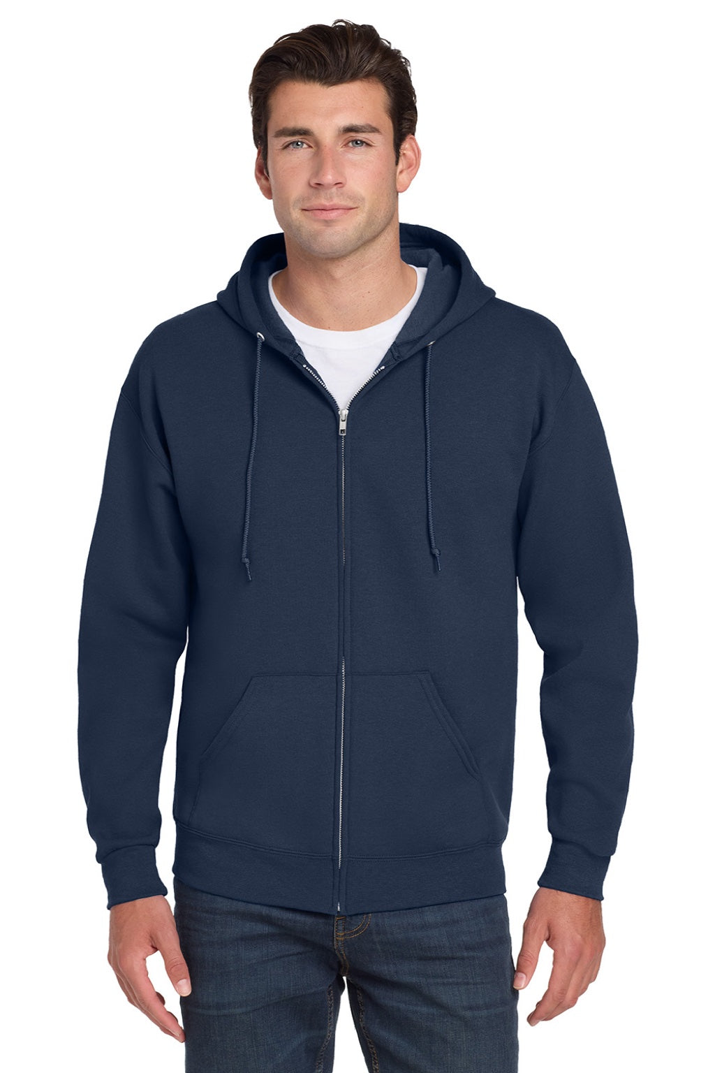 Jerzees 993M/993MR Mens NuBlend Pill Resistant Fleece Full Zip Hooded Sweatshirt Hoodie w/ Pockets Navy Blue Model Front