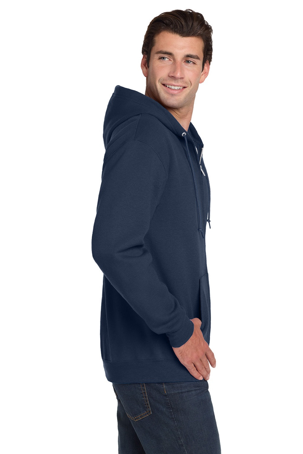 Jerzees 993M/993MR Mens NuBlend Pill Resistant Fleece Full Zip Hooded Sweatshirt Hoodie w/ Pockets Navy Blue Model Side