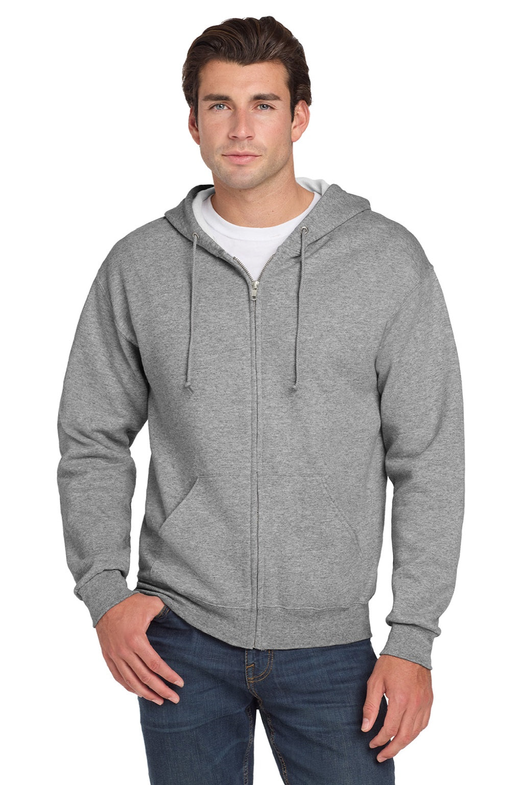 Jerzees 993M/993MR Mens NuBlend Pill Resistant Fleece Full Zip Hooded Sweatshirt Hoodie w/ Pockets Oxford Grey Model Front