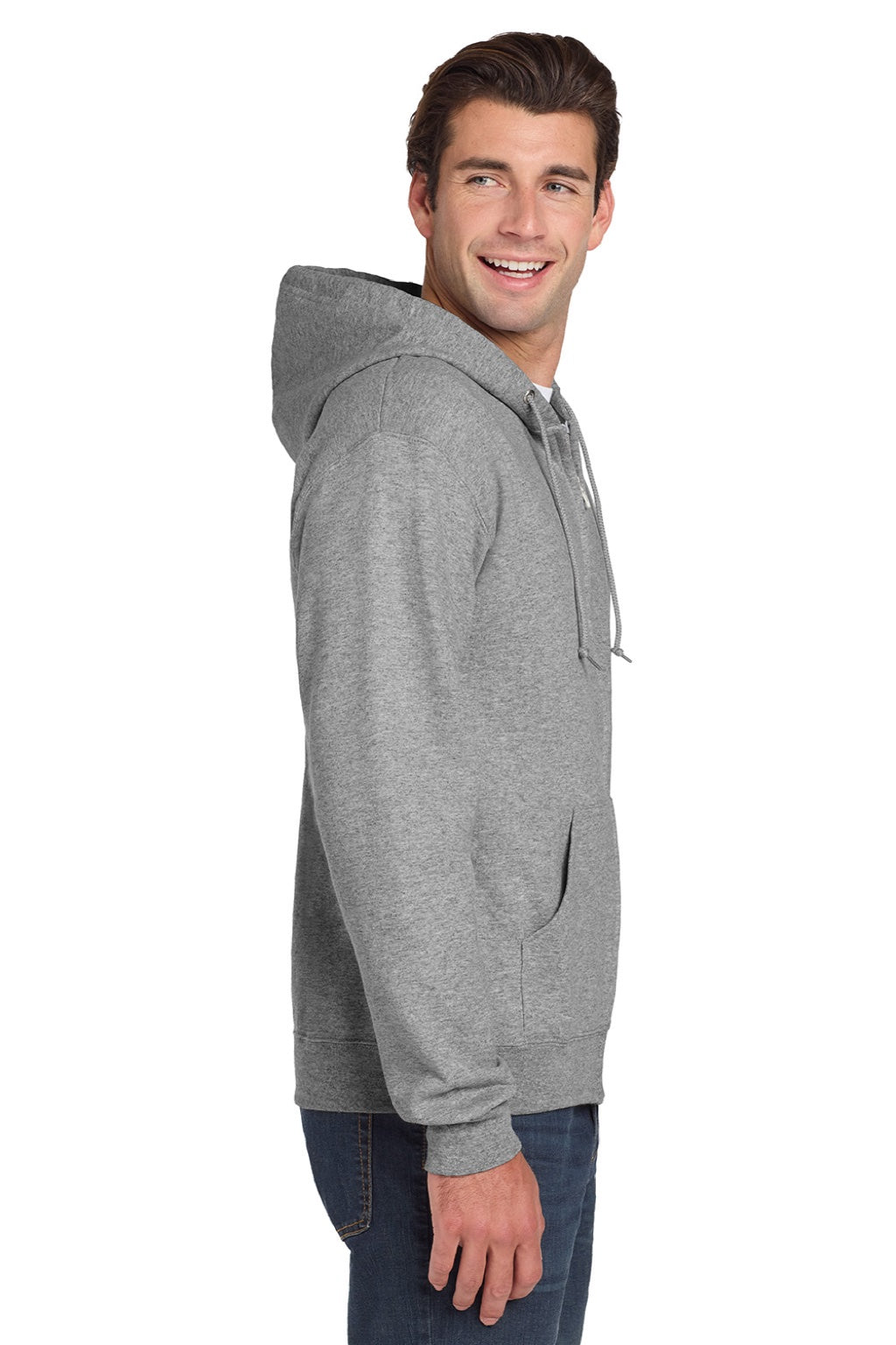 Jerzees 993M/993MR Mens NuBlend Pill Resistant Fleece Full Zip Hooded Sweatshirt Hoodie w/ Pockets Oxford Grey Model Side