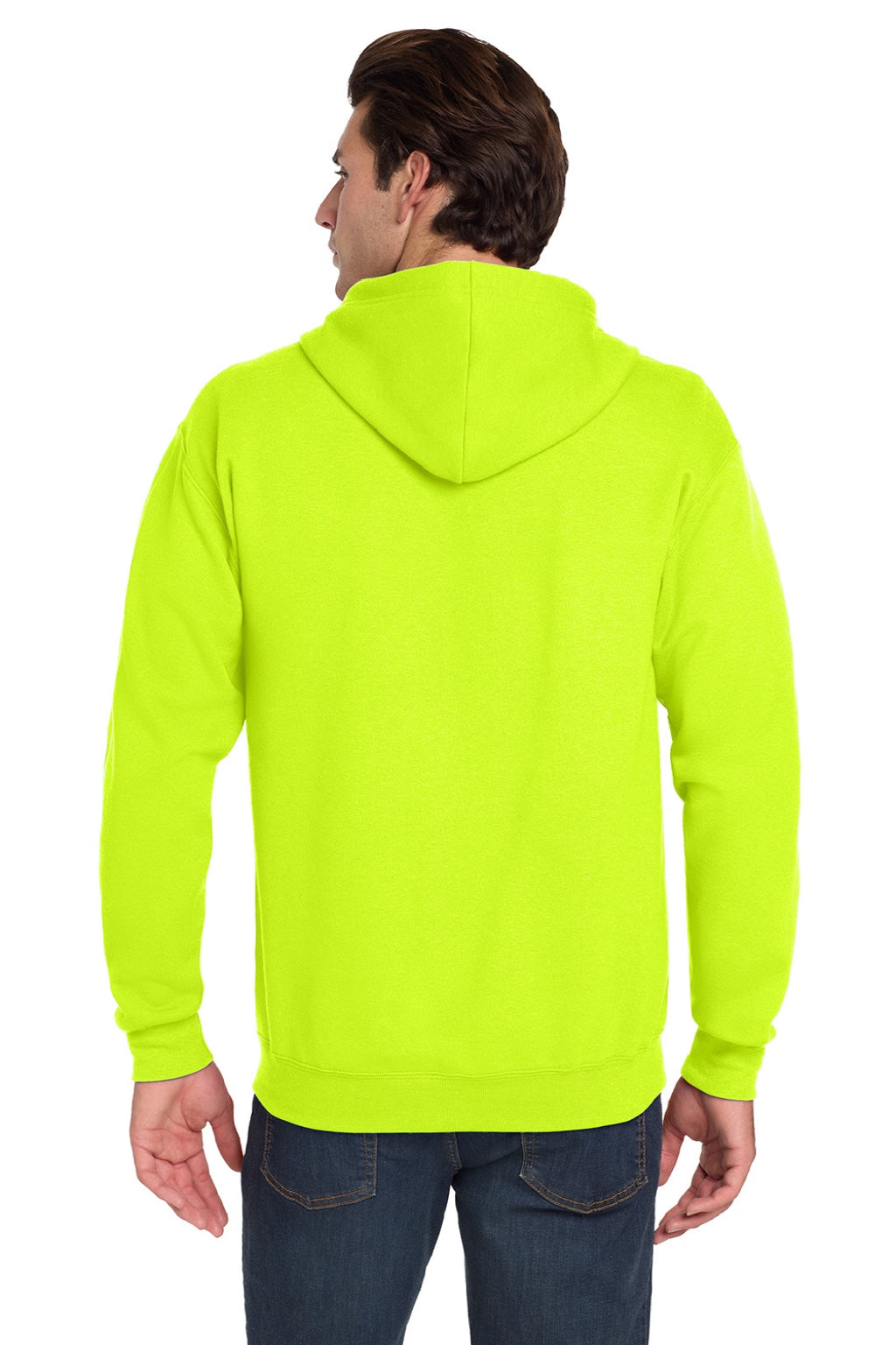 Jerzees 993M/993MR Mens NuBlend Pill Resistant Fleece Full Zip Hooded Sweatshirt Hoodie w/ Pockets Safety Green Model Back