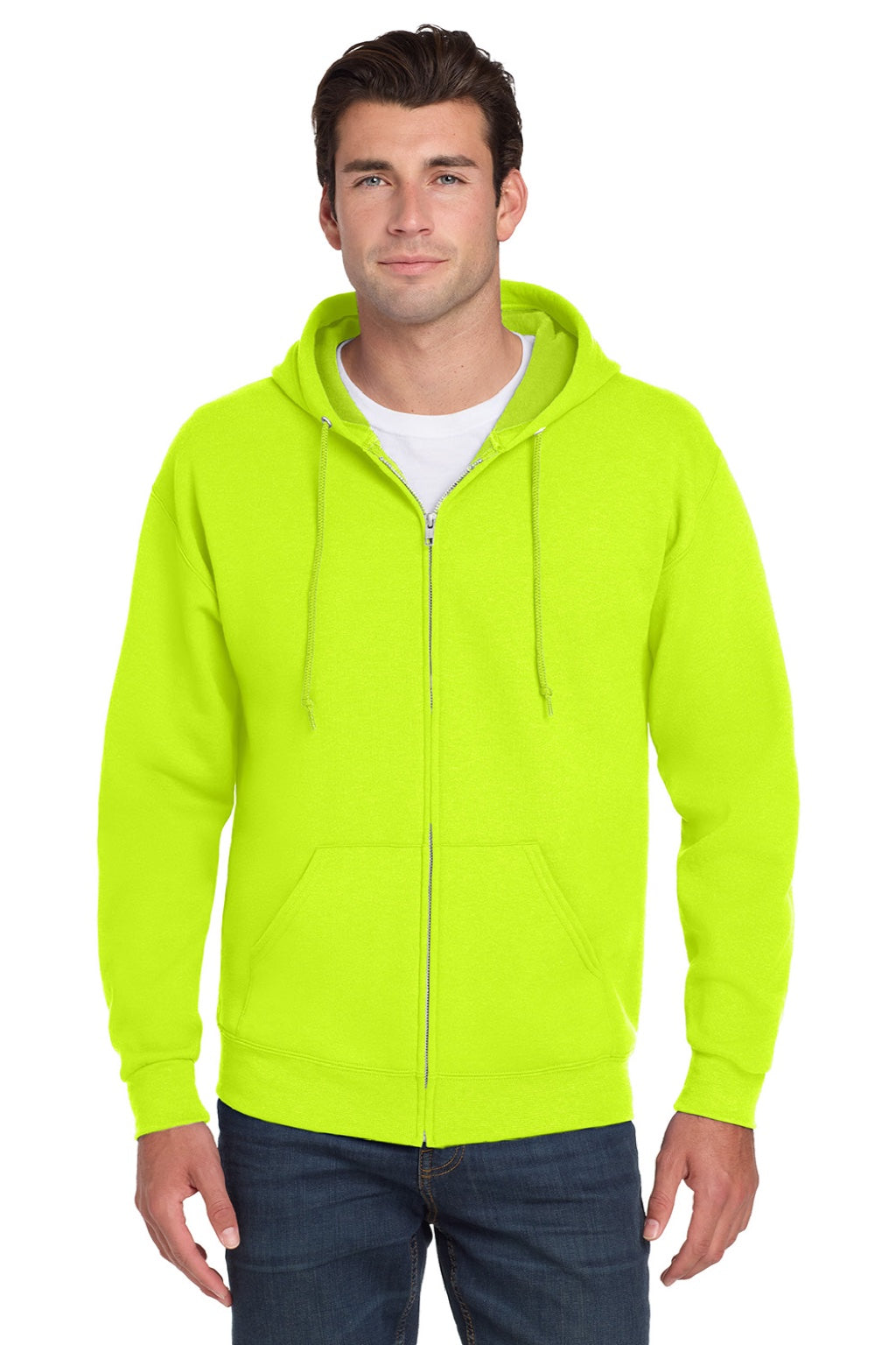 Jerzees 993M/993MR Mens NuBlend Pill Resistant Fleece Full Zip Hooded Sweatshirt Hoodie w/ Pockets Safety Green Model Front
