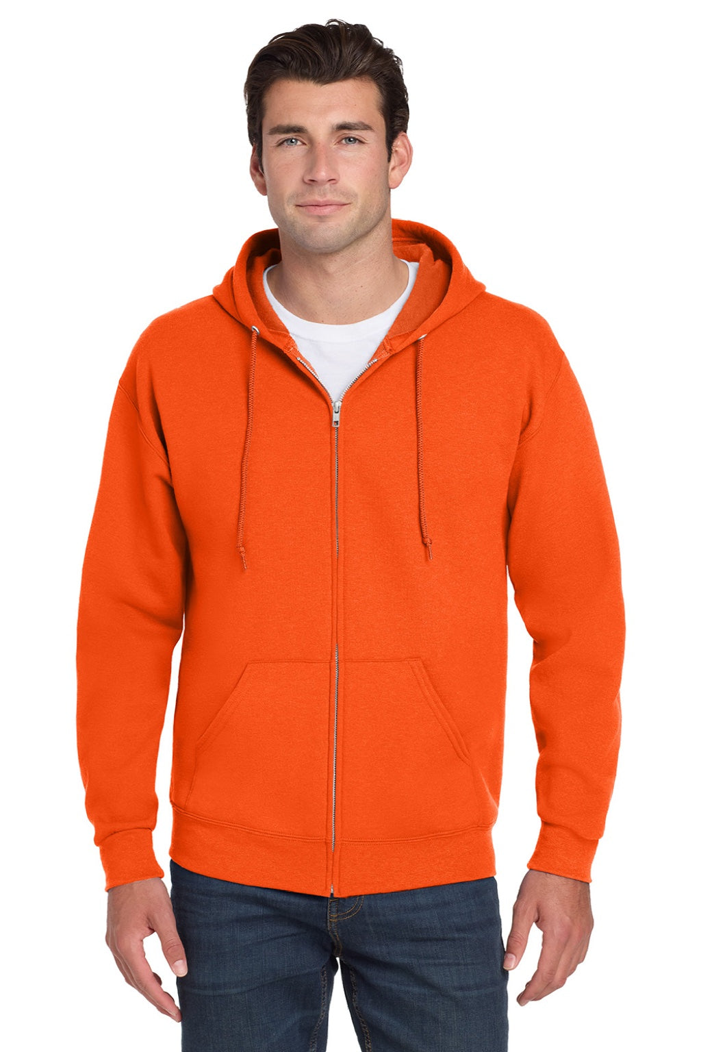 Jerzees 993M/993MR Mens NuBlend Pill Resistant Fleece Full Zip Hooded Sweatshirt Hoodie w/ Pockets Safety Orange Model Front