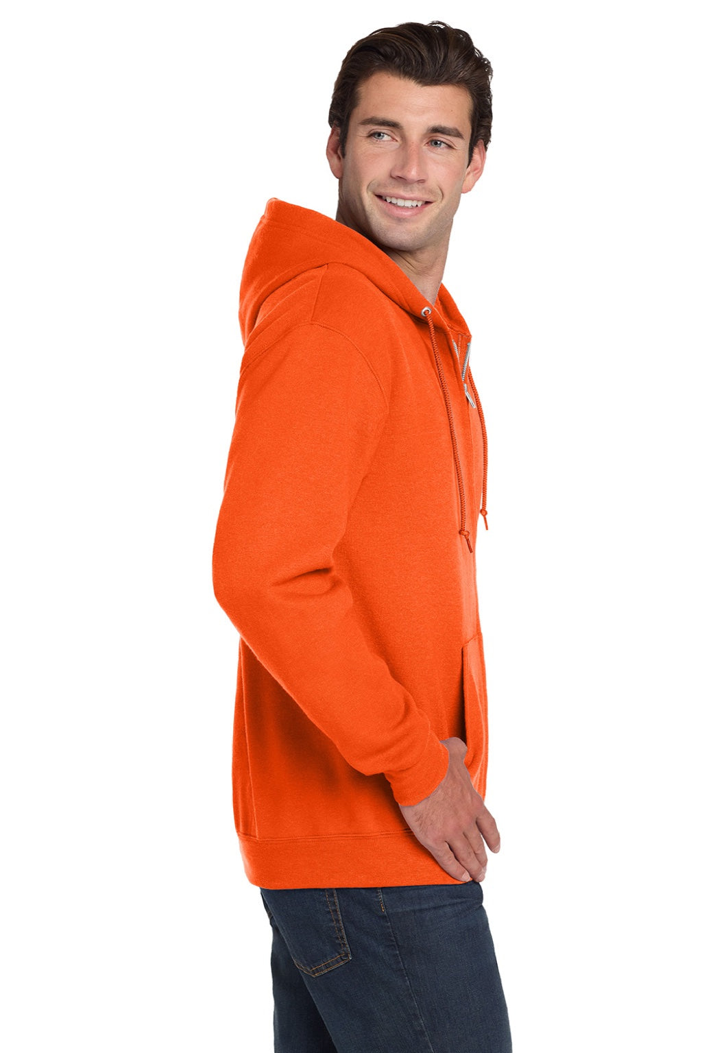 Jerzees 993M/993MR Mens NuBlend Pill Resistant Fleece Full Zip Hooded Sweatshirt Hoodie w/ Pockets Safety Orange Model Side