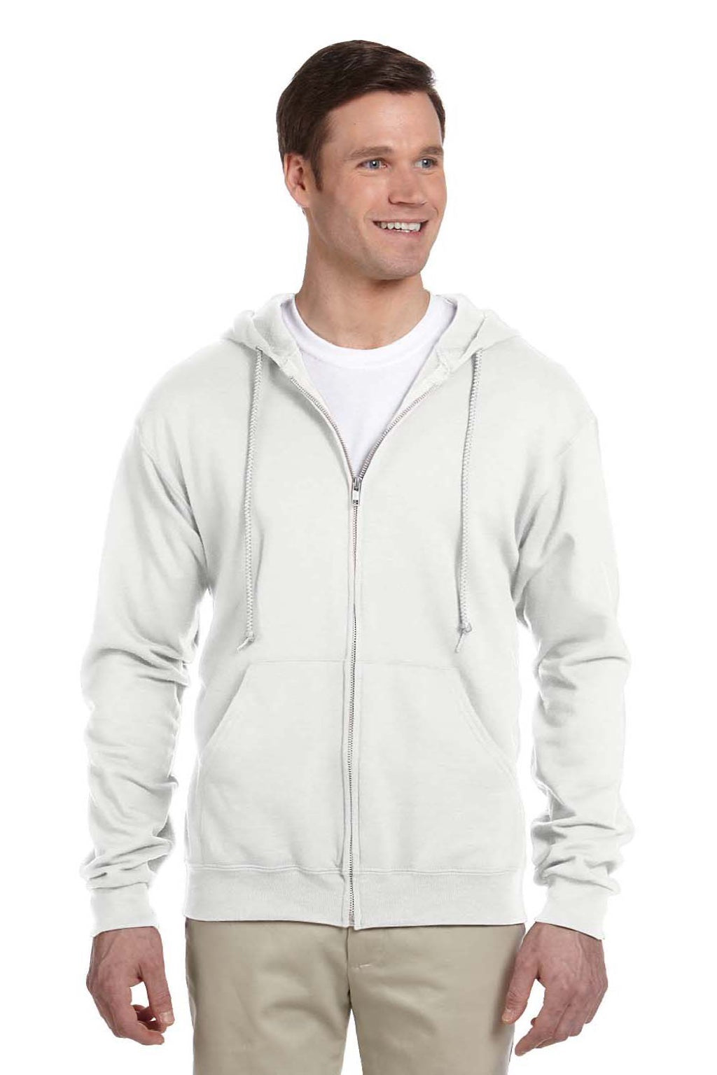 Jerzees 993M/993MR Mens NuBlend Pill Resistant Fleece Full Zip Hooded Sweatshirt Hoodie w/ Pockets White Model Front