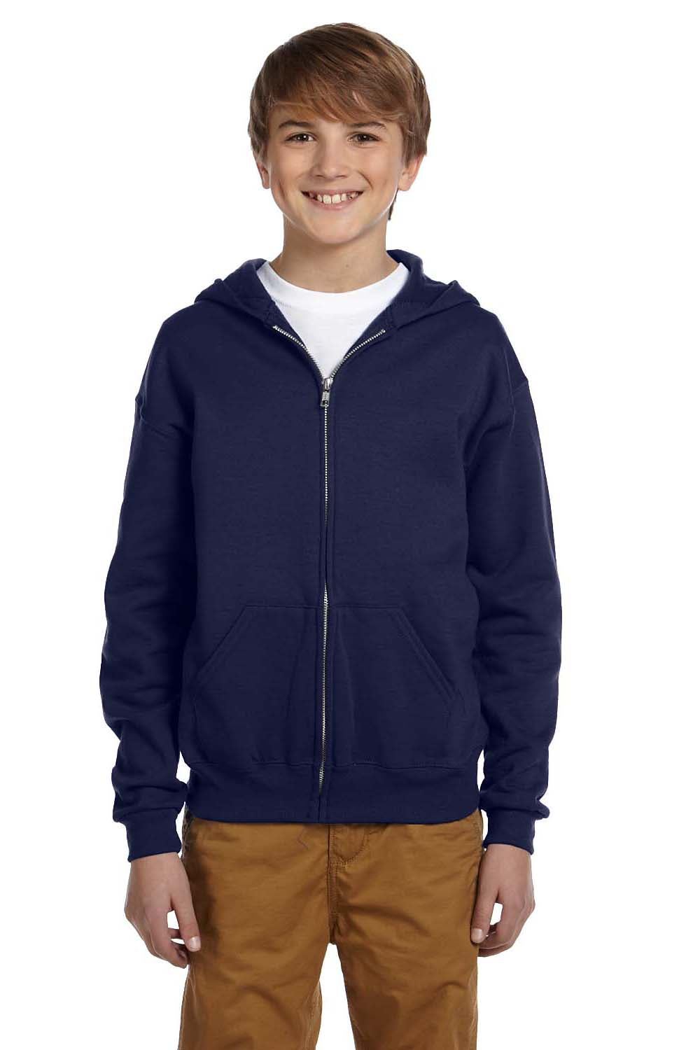 Jerzees 993B/993BR Youth NuBlend Pill Resistant Fleece Full Zip Hooded Sweatshirt Hoodie w/ Pockets Navy Blue Model Front