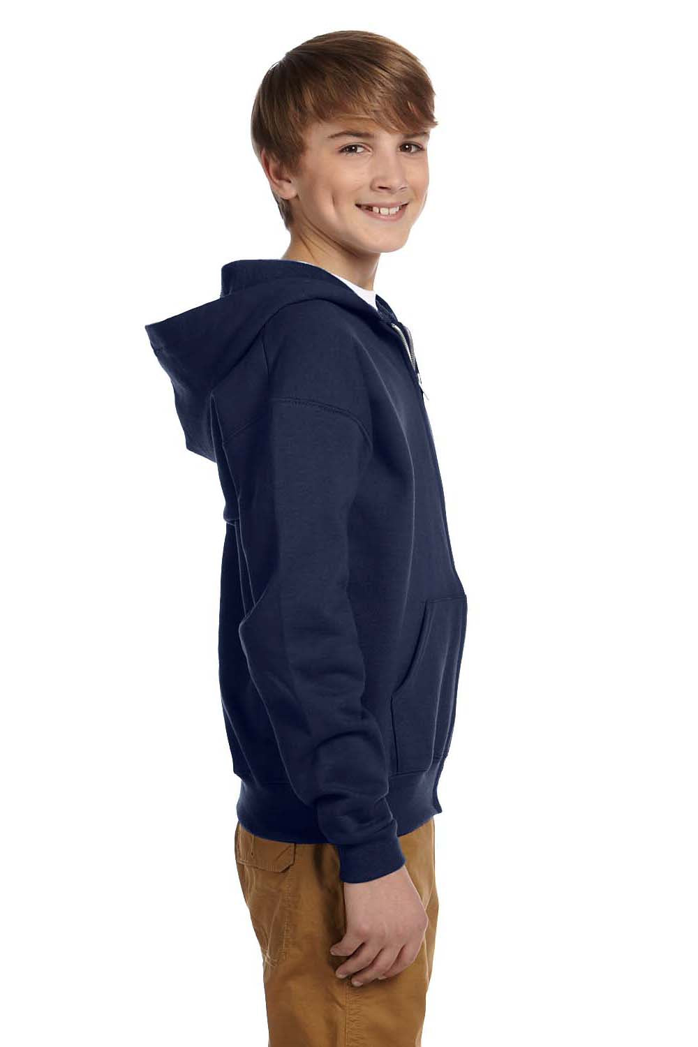 Jerzees 993B/993BR Youth NuBlend Pill Resistant Fleece Full Zip Hooded Sweatshirt Hoodie w/ Pockets Navy Blue Model Side