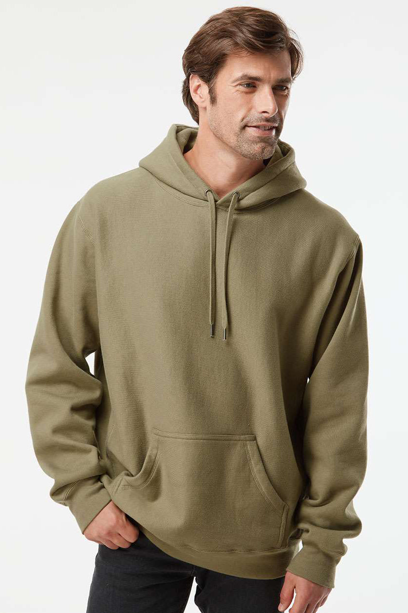 Independent Trading Company IND5000P Mens Legend Hooded Sweatshirt Hoodie w/ Pouch Pocket Olive Green Model Front