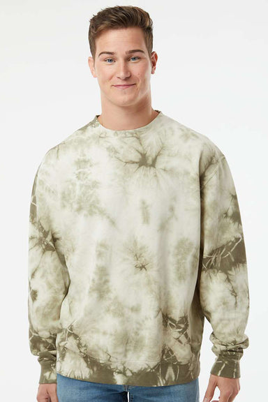 Independent Trading Company PRM3500TD Mens Tie-Dye Crewneck Sweatshirt Olive Green Model Front