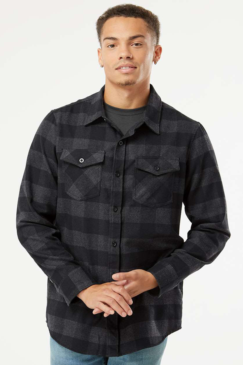 Independent Trading Company EXP50F Mens Long Sleeve Button Down Flannel Shirt w/ Double Pockets Heather Charcoal Grey/Black Model Front