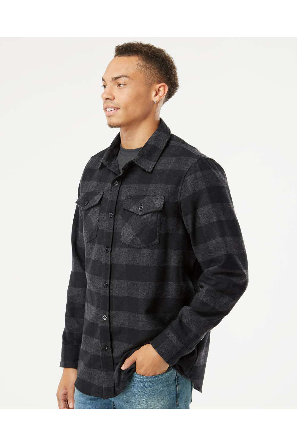 Independent Trading Co. EXP50F Mens Long Sleeve Button Down Flannel Shirt w/ Double Pockets Heather Charcoal Grey/Black Model Side