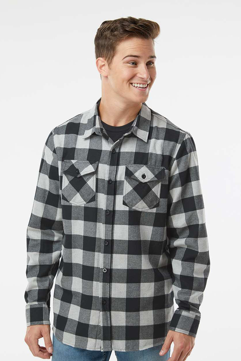 Independent Trading Company EXP50F Mens Long Sleeve Button Down Flannel Shirt w/ Double Pockets Heather Grey/Black Model Front