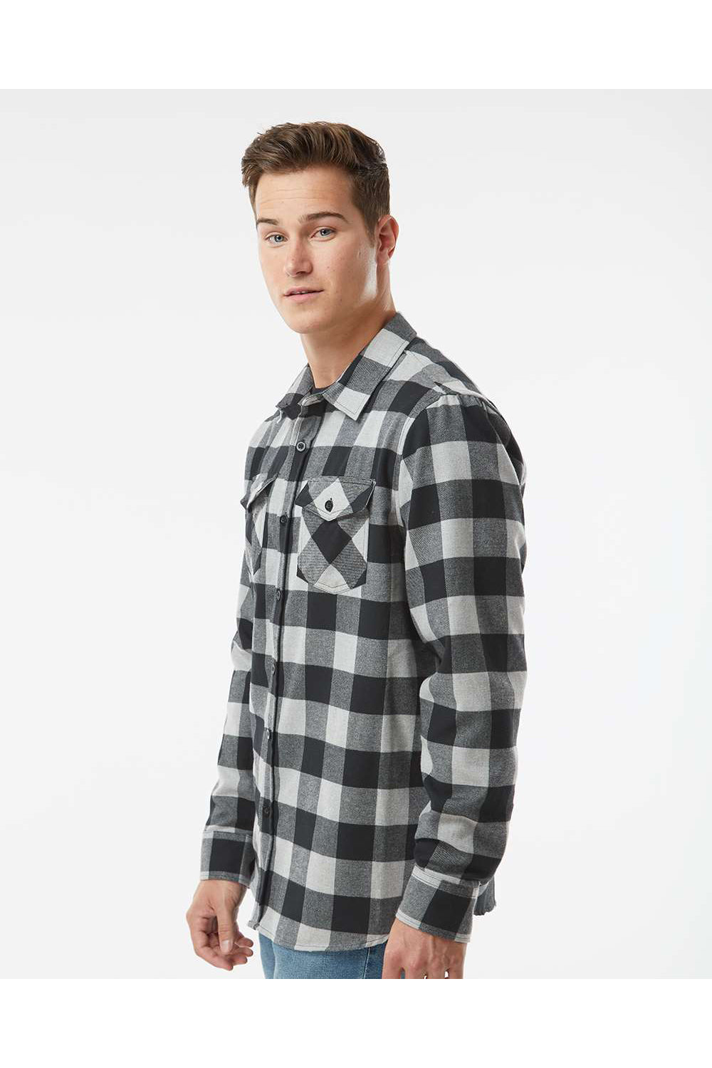Independent Trading Co. EXP50F Mens Long Sleeve Button Down Flannel Shirt w/ Double Pockets Heather Grey/Black Model Side