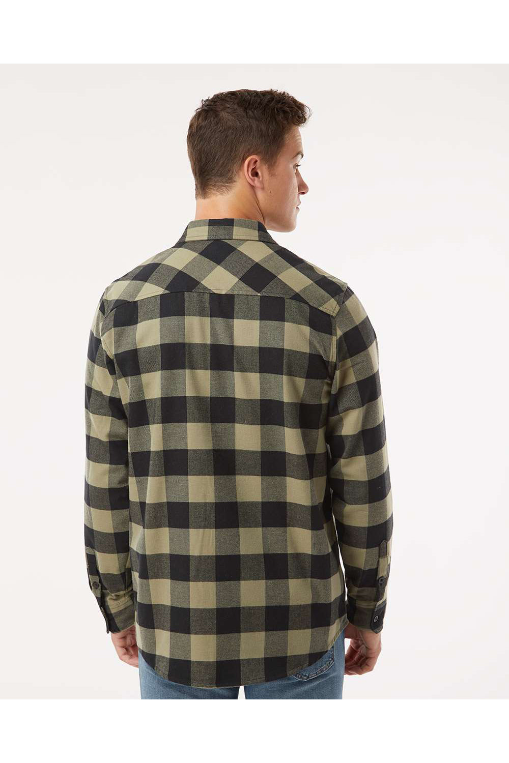Independent Trading Co. EXP50F Mens Long Sleeve Button Down Flannel Shirt w/ Double Pockets Olive Green/Black Model Back