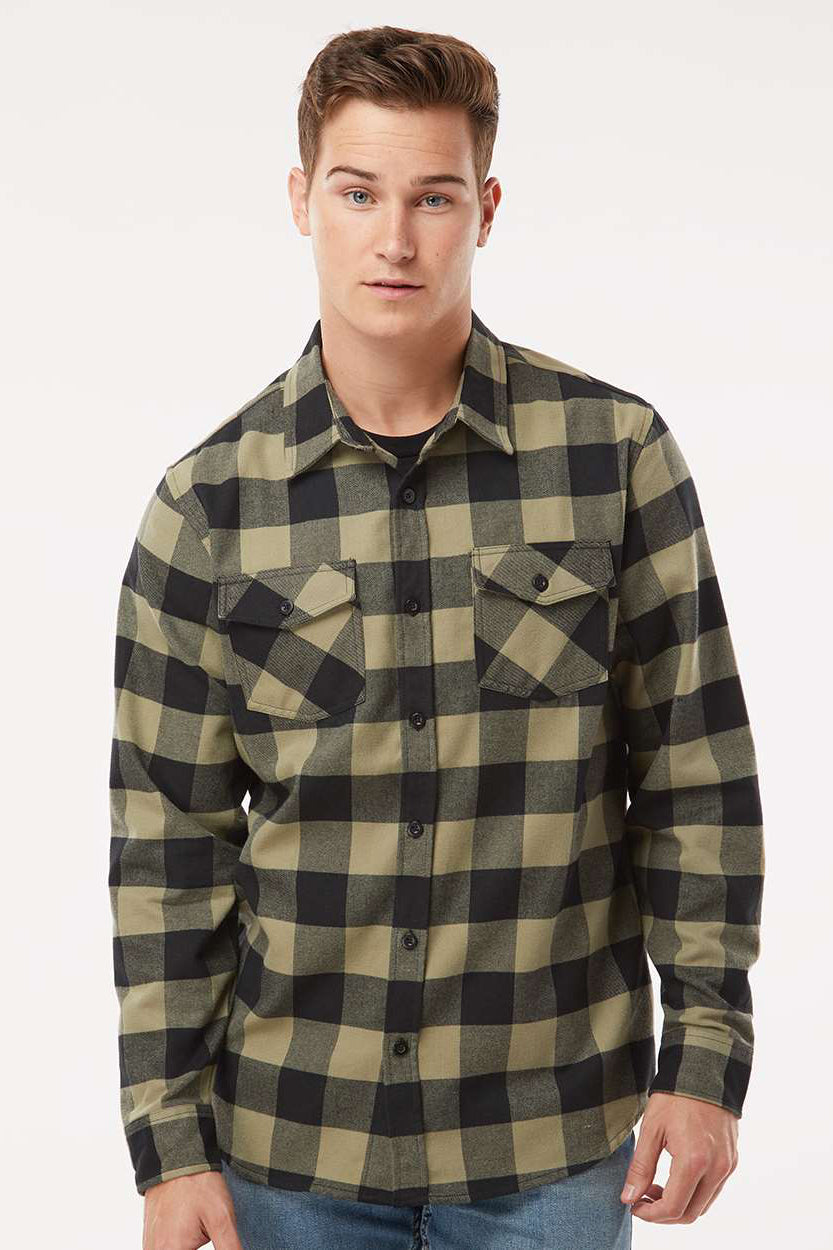Independent Trading Company EXP50F Mens Long Sleeve Button Down Flannel Shirt w/ Double Pockets Olive Green/Black Model Front