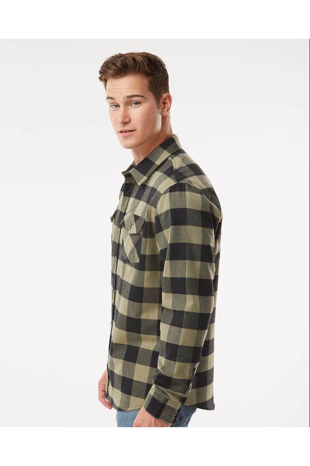 Independent Trading Co. EXP50F Mens Long Sleeve Button Down Flannel Shirt w/ Double Pockets Olive Green/Black Model Side