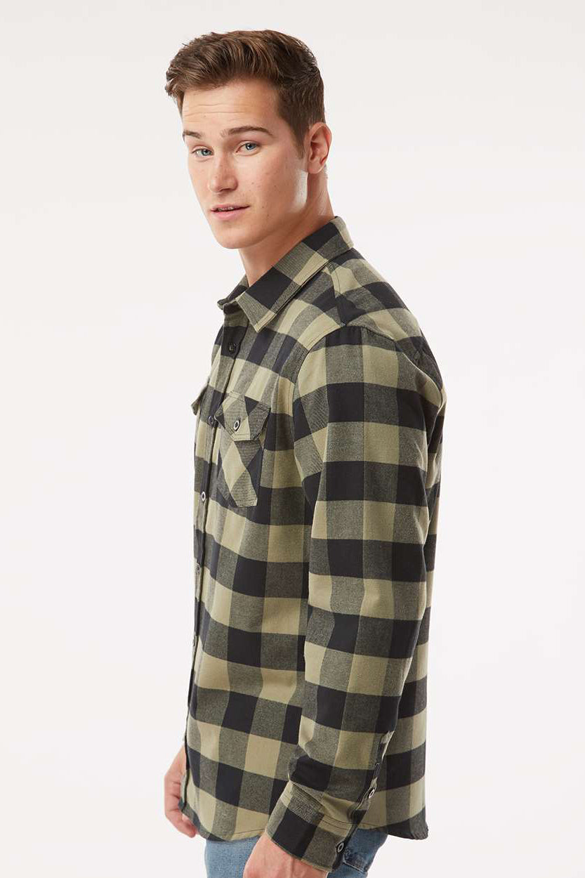 Independent Trading Company EXP50F Mens Long Sleeve Button Down Flannel Shirt w/ Double Pockets Olive Green/Black Model Side