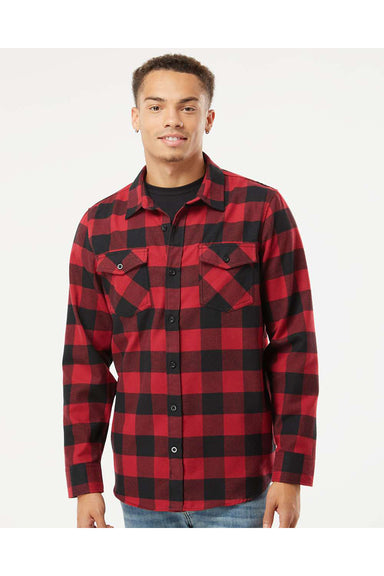 Independent Trading Co. EXP50F Mens Long Sleeve Button Down Flannel Shirt w/ Double Pockets Red/Black Model Front