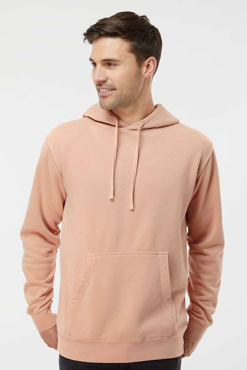 Independent Trading Company PRM4500 Mens Pigment Dyed Hooded Sweatshirt Hoodie w/ Pouch Pocket Dusty Pink Model Front