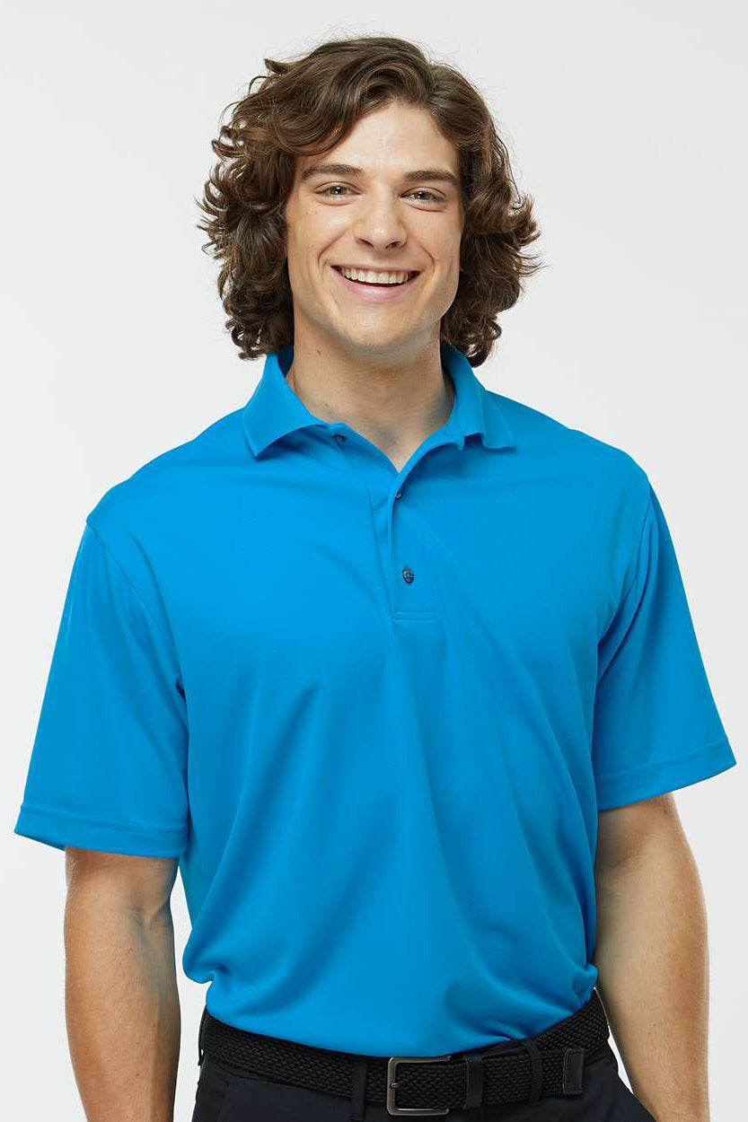 Paragon 100 Mens Saratoga Performance Moisture Wicking Mini Mesh Short Sleeve Polo Shirt Turquoise Blue Model Front
