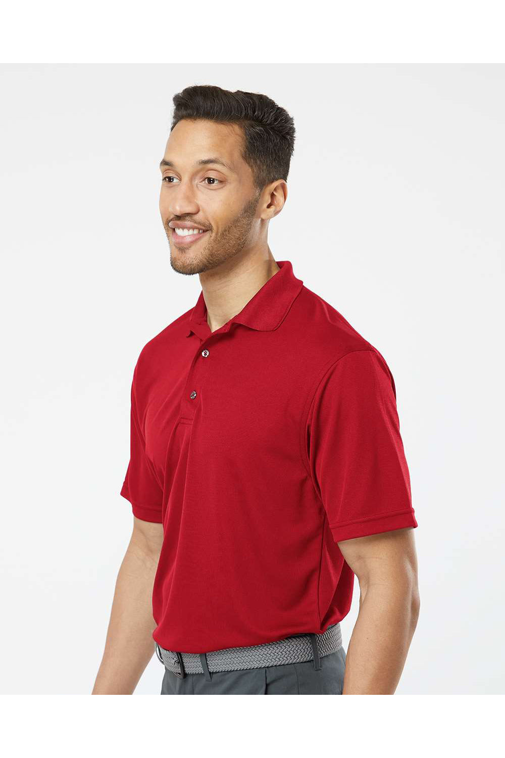 Paragon 100 Mens Saratoga Performance Mini Mesh Short Sleeve Polo Shirt Cardinal Red Model Side
