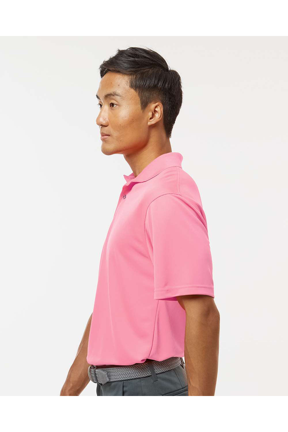 Paragon 100 Mens Saratoga Performance Mini Mesh Short Sleeve Polo Shirt Charity Pink Model Side