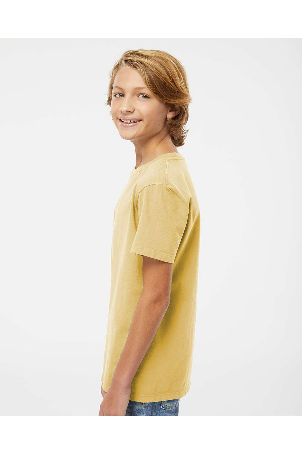 SoftShirts 402 Youth Organic Short Sleeve Crewneck T-Shirt Wheat Yellow Model Side