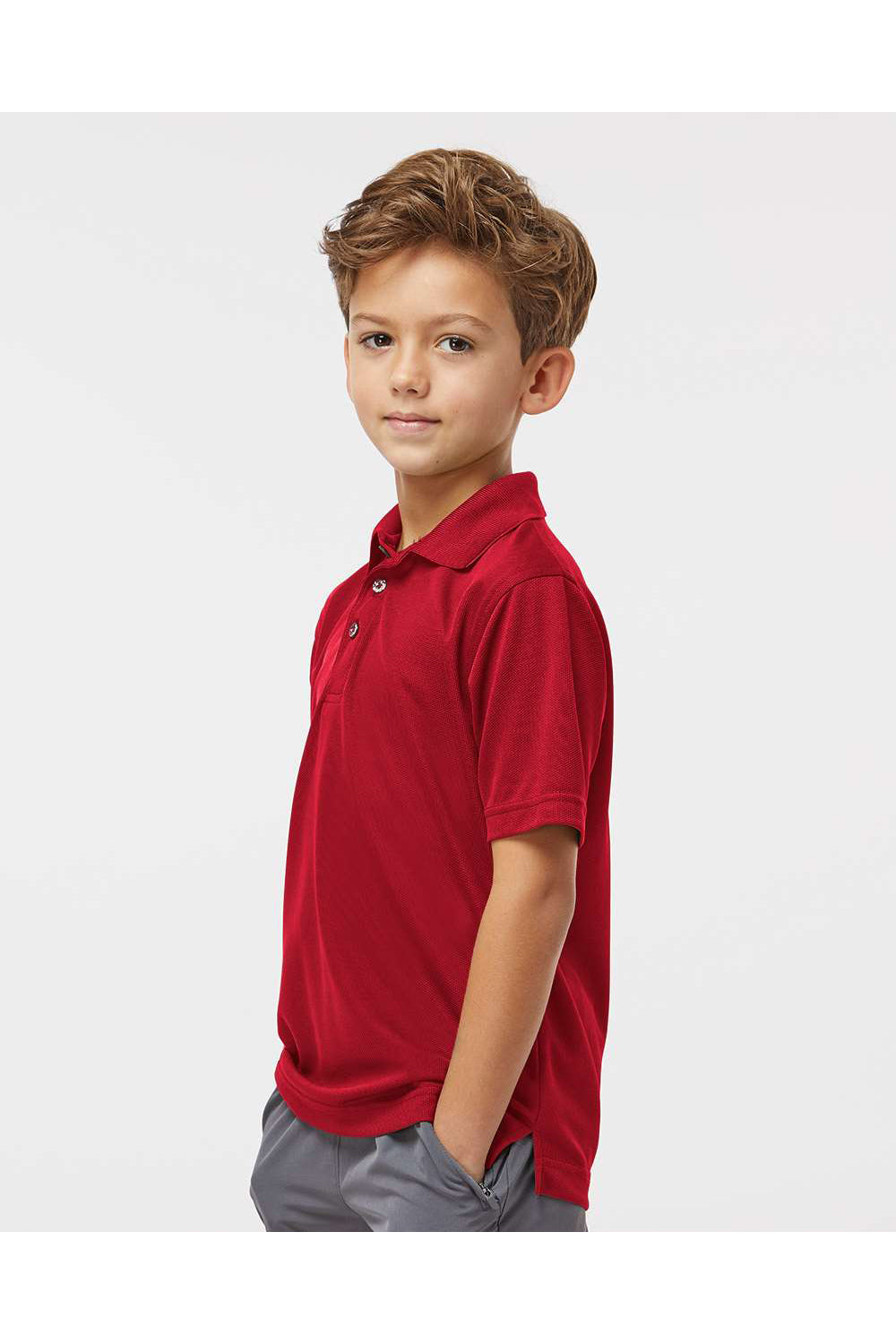 Paragon 108Y Youth Saratoga Performance Mini Mesh Short Sleeve Polo Shirt Red Model Side