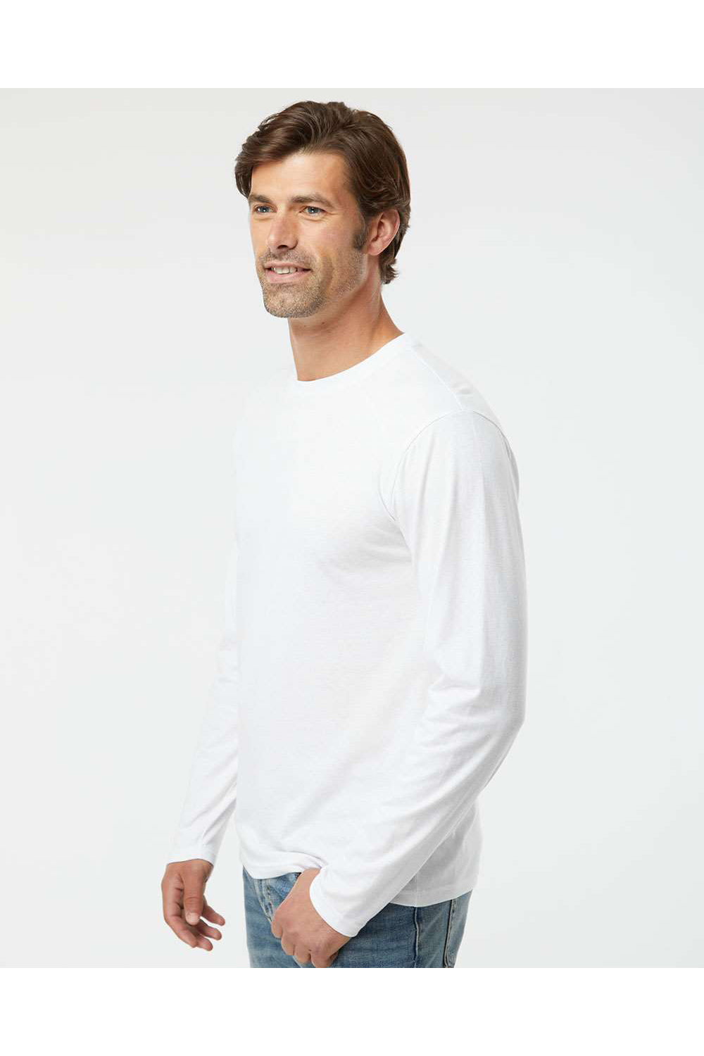 Kastlfel 2016 Mens RecycledSoft Long Sleeve Crewneck T-Shirt White Model Side