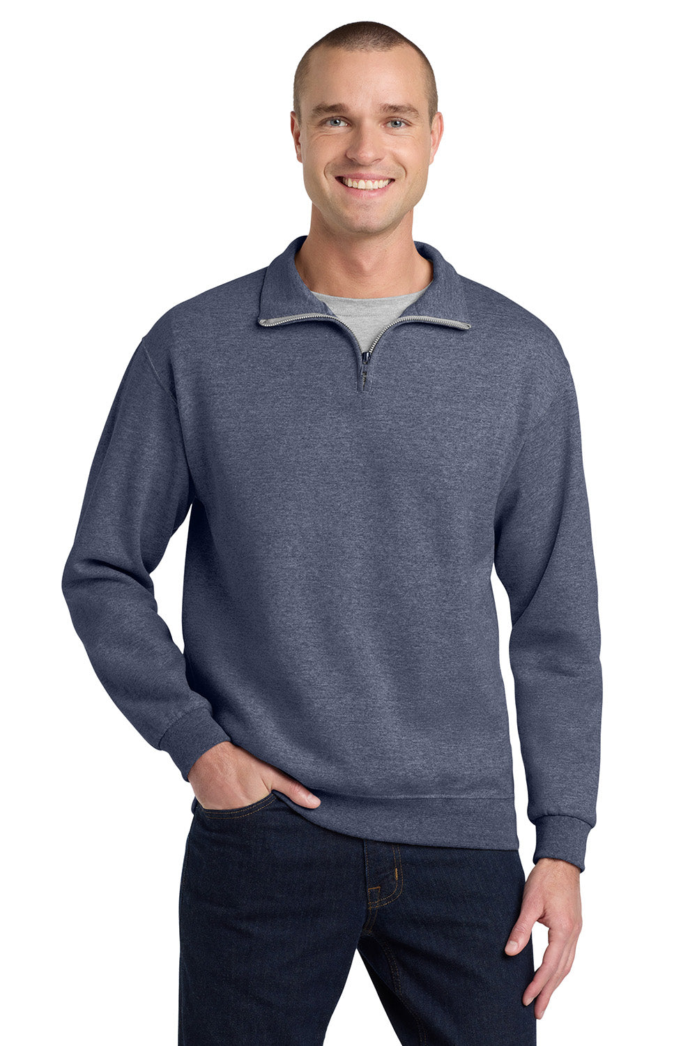 Jerzees 995M/995MR Mens NuBlend Pill Resistant Fleece 1/4 Zip Sweatshirt Vintage Heather Navy Blue Model Front
