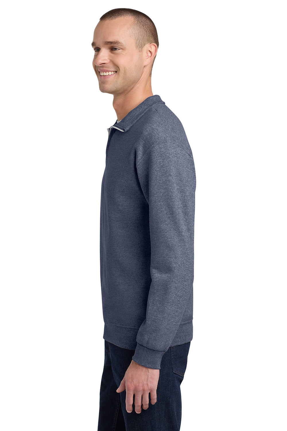 Jerzees 995M/995MR Mens NuBlend Pill Resistant Fleece 1/4 Zip Sweatshirt Vintage Heather Navy Blue Model Side